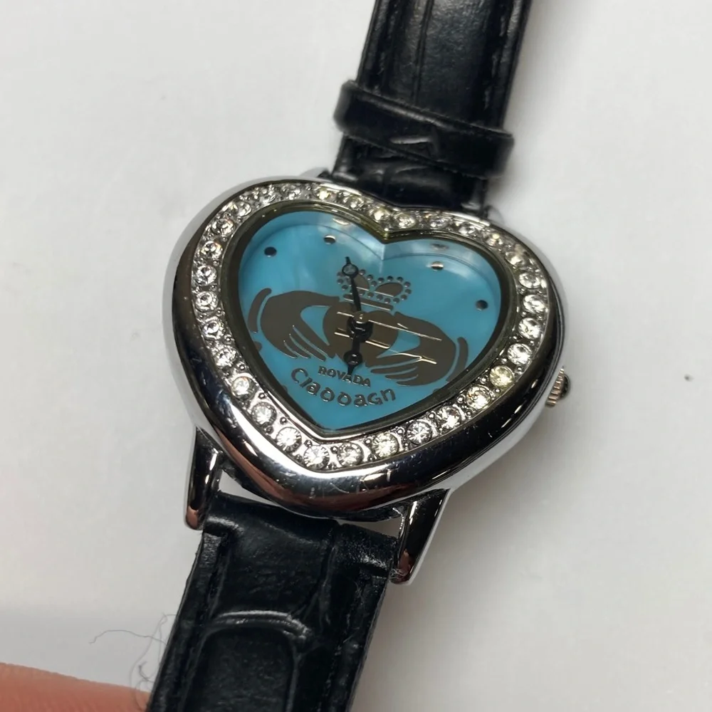 Rovada Claddagh Watch Women Silver Tone Heart blue Dial New Battery black strap